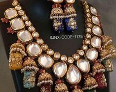 Buy Designer Kundan Onyx Necklace Set Inspired by Sabyasachi Online in India - Etsy Kundan Necklace With Gemstones For Festive Rituals, Kundan Necklace With Gemstones For Rituals And Festivals, Fusion Style Kundan Necklace With Meenakari For Festivals, Kundan Fusion Style Necklace As A Gift, Kundan Fusion Necklace For Gift, Heavy Kundan Necklace For Festivals, Fusion Style Kundan Temple Necklace As Gift, Fusion Style Kundan Temple Necklace Gift, Heavy Fusion Kundan Necklace For Festivals