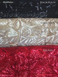 four different colors of sequinized fabric with black, ivory, and red on them