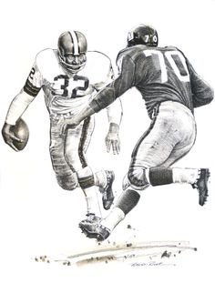 a drawing of two football players running with the ball