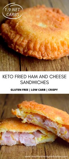 Keto Fried Ham And Cheese Sandwiches. Crispy, golden, fried sandwiches. These are AMAZING. I don't know how else to describe them. The dough is like something you'd get at the fair and then the melty gooey cheese with the ham and a bit of mustard...WOW. These will take your keto lunch to a whole new level. #ketofriedcheese #ketohamandcheesesandwiches #ketosandwich #ketohamandcheeserolls #ketomozzarellasticks Fried Sandwiches, Keto Sandwiches, Ham And Cheese Sandwiches, Keto Sandwich, Fried Ham, Low Carb Sandwiches, Keto Lasagna, Keto Lunch, Low Carb Breakfast Recipes