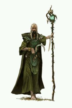 a man in green robes holding a stick and wearing a horned head with horns on it