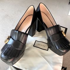 Beautiful Black Gucci Shoes From Italy. Luxury High Heel Loafers For Evening, Gucci Heels With Leather Sole For Office, Gucci Block Heels For Office, Chic Gucci Heels For Business, Gucci Round Toe Office Heels, Gucci Round Toe Heels For Office, Gucci Business Heels With Branded Heel Counter, Gucci Black Closed Toe Heels, Gucci Designer Calf Leather Heels