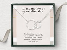 "Gift for mom on wedding day from son and daughter, today a bride tomorrow a wife wedding gift, mother of the bride gift from daughter, thank you mom wedding gift Your mom spent her life raising you to be the amazing woman you are today.  Show your appreciation with a beautiful piece of jewelry that will go with any outfit, formal and casual alike.  This necklace is the perfect gift for the woman that spent her life making yours great! ALL components are handmade with: 14K gold vermeil & sterlin Elegant Necklace With Message Card For Anniversary, Adjustable Wedding Jewelry With Gift Box, Mother's Day Wedding Gift Jewelry With Gift Box, Adjustable Wedding Necklaces For Mother's Day, Adjustable Wedding Necklace, Elegant Mother's Day Jewelry With Message Card, Mom On Wedding Day, Son And Daughter, Mother Of The Bride Gift