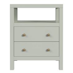 a white nightstand with two drawers and gold knobs on the bottom shelf, against a white background