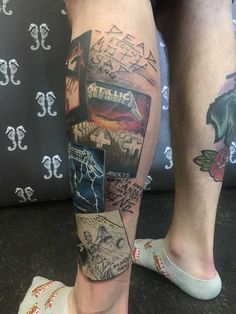 a man's legs with tattoos on them and his leg is covered in pictures