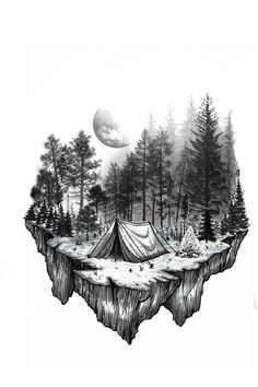 a drawing of a tent on an island in the middle of a forest with trees