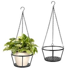 two hanging planters with plants in them, one is white and the other is black