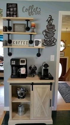 a coffee bar with shelves on the wall