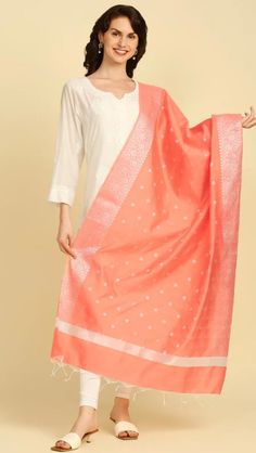 Add a touch of elegance to your wardrobe with this exquisite piece of splendid shaded Banarasi Silk Dupatta. Swathed with elegant woven motifs, this classic stunner in super smooth fabric is a must in your ethnic collection. This Fine Banarasi  dupatta is adorned with beautiful woven motifs along with rich silver zari border. Size:2.4 meters, Fabric: Silk A beautiful creation from the house of Dupatta Bazaar is perfect for festivities and special occasions! Elegant Festive Jamawar Dupatta, Elegant Jamawar Dupatta, Elegant Orange Traditional Wear For Festivals, Elegant Festive Shawl With Woven Motifs, Festive White Dupatta With Woven Motifs, Elegant Silk Salwar Kameez For Traditional Ceremonies, Traditional Drape Shawl With Woven Motifs, Elegant Pashmina Shawl For Festive Seasonal Transitions, Elegant Salwar Kameez For Traditional Ceremonies