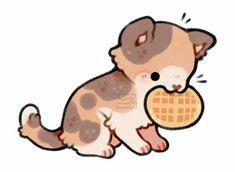 a drawing of a cat holding a waffle in it's mouth and looking at the camera