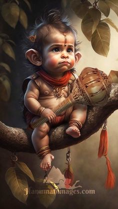 a painting of a baby sitting on top of a tree branch with an instrument in it's lap