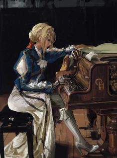 a painting of a woman sitting at a piano with her hands on the keys and looking down