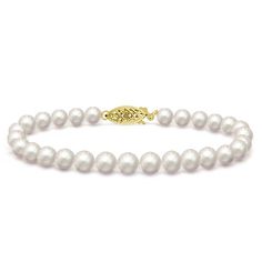 This dainty white Freshwater pearl bracelet adds instant elegance to any outfit. The small 5.0-5.5mm sizes are highly versatile, and the AAA quality pearls have been selected for their bright luster and delicate pastel overtones. Pearls are knotted on white silk and finished with a 14k gold clasp. Akoya Pearl Bracelets In Pearl White With Round Beads, Delicate Pearl White Bracelet For Formal Occasions, Classic Beaded Bracelets For Anniversary, White Akoya Pearl Bracelet With Pearl Charm, White Akoya Pearl Charm Bracelet, Elegant Pearl White Bracelet With Pearl Charm, Elegant Single Strand Beaded Bracelets, Dainty Pearl Bracelet With Round Beads For Formal Occasions, Elegant Pearl Bracelet With Round Beads