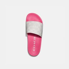 These laidback sporty slides are crafted in our Signature canvas. The contoured footbed and rubber sole provide all-day comfort. | Coach Udele Sport Slide - Women's Size 5 - Chalk/confetti Pink Coach Slides, Slides Women, Signature Canvas, Slide In, Fur Slides, Slip On Sandal, Confetti, Rubber Sole, Chalk