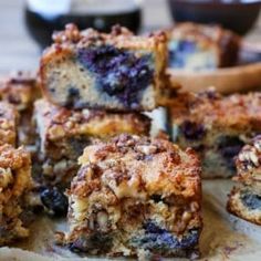 blueberry crumb bars stacked on top of each other