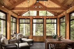 a living room filled with lots of furniture next to a wooden ceiling covered in windows