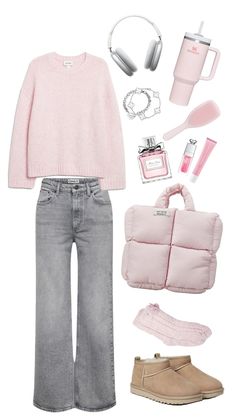 Preppy Outfits With Uggs, Light Pink Winter Outfits, Uggs Preppy, Pink Sweater Outfits, Pink Uggs Outfit, Winter Fits Aesthetic, Winter Outfits Pink, Pink Winter Outfit, Pink Sweater Outfit