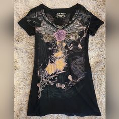 I'm Almost Positive This Has Never Been Worn. In Brand New Condition. Can Be Worn As A Dress (With Tights) As Well. Spring Fitted Embellished T-shirt, Long Sleeve Grunge Graphic Top, Ed Hardy Dress Y2k, Black Long Sleeve Y2k Tops, Grunge Long Sleeve Tops With Skull Print, Brown Y2k Long Sleeve Tops, Fitted Black Embellished T-shirt, Fashion Major, Wardrobe Outfits