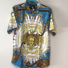 Men’s Shirt In Size Medium, New With Tags, Animal Print, Colorful, Button Down, Short Sleeves, Collar, Just Beautiful And Soft. Great For Summer. Chest 21” Sleeves 9” Shoulder To Hem 28.5” Waist 21.3” Casual Gold Printed Shirt, Summer Printed Gold Shirt, Summer Gold Printed Shirt, Edgy Shirts, Fashion Edgy, Mens Fashion Edgy, Just Beautiful, Casual Shirts For Men, Yellow Blue