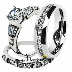 two white gold wedding rings with diamonds on each side and the words marriage written in black lettering