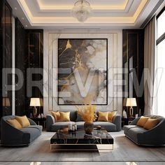 an elegant living room with black and gold accents, large painting on the wall above the couch