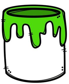 a green and white paint can with dripping liquid on it's side, in the shape of a jar