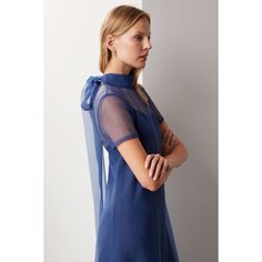 Blue mesh (100% Polyester). Lining (100% Polyester). Shift. Short sleeves. Mock neck. Back zipper closure. 61" from shoulder to hemline. Imported. Spring Formal Mesh Dress With Sheer Sleeves, Summer Formal Dresses With Mesh Sleeves, Formal Summer Dress With Mesh Sleeves, Elegant High Neck Mesh Dress, Mesh Midi Dress With Sheer Sleeves, Sheer High Neck Dress For Summer, Elegant Blue Mesh Dress For Spring, Sheer Mesh Short Sleeve Dress, Midi Dress With Sheer Sleeves In Mesh