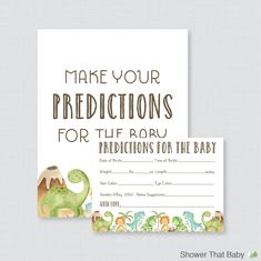 a baby shower card with an image of dinosaurs on it and the words make your predictions for the roar