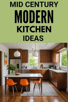 a kitchen with wooden cabinets and orange chairs