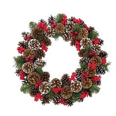 a christmas wreath with pine cones and berries