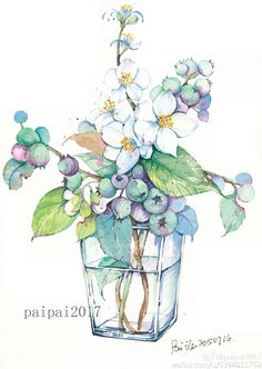 a watercolor painting of flowers in a glass vase