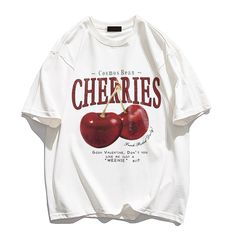 Look stylish and stay comfortable with this cherry print cotton t-shirt. Crafted with quality materials, its breathable fabric ensures ultimate comfort. The print adds a touch of style while the relaxed fit provides the perfect fit. Look your best with this t-shirt. Features: -100% Cotton -Crew Neckline -Dropped Shoulder -Cherry Graphic Design -Regular fit -Unisex street style Cherry T Shirt, Trip Moodboard, Cherry Graphic, Handsome Clothes, Space Fashion, Free Scarf, Shirts Ideas, Cherry Print, Fashion App