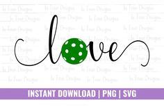 the word love in black and green with polka dots is shown on a white background