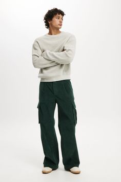 BAGGY PLEAT CARGO PANT Mens Pants Casual Street Style, Dark Green Corduroy Pants Outfit, Olive Cargo Pants Outfit Men, Baggy Trousers Outfit Men, Baggy Cargo Pants Outfit Men, Green Trousers Outfit Men, Men’s Pants, Mens Clothing Styles Fall, Baggy Pants Outfit Men