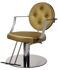 a gold chair with chrome legs and a round back rest on top of a metal base