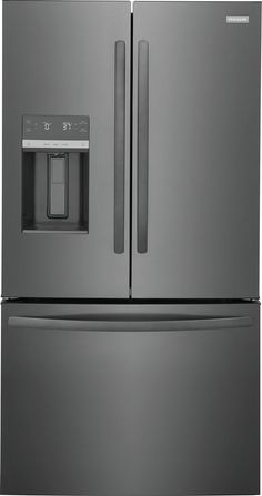 a stainless steel refrigerator freezer with the door ajar and water dispenser