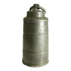 an old metal canister is shown against a white background