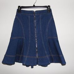 This Is A Stella Mccartney Blue Denim Mini Skirt; Size 38/S. It Is In Like-New Condition, Unworn. It Is A Flared Princess Seamed Design, Zip Front Detail And Mustard Colored Threading. It Has Two Side Pockets And Measures Approx. 20" Long And 27" In Waist. Lined Fitted Flared Denim Skirt, Knee-length Fitted Denim Skirt, Fitted Denim Mini Skirt With Lining, Fitted Medium Wash Mini Skirt, Fitted Denim Blue Knee-length Skirt, Fitted Medium Wash Short Skirt, Fitted Retro Denim Skirt In Denim Blue, Fitted Retro Denim Skirt, Retro Fitted Denim Blue Skirt