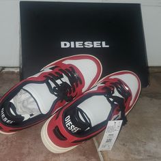 Brand Nwt Men's Diesel Sneakers. Mars Red/Star White/ Black Low Sneakers Red Sneakers With Contrast Sole For Streetwear, Red Leather Sneakers For Streetwear, Low-top Sneakers With Red Sole, Leather Low-top Skate Shoes With Red Sole, Red Leather Skate Shoes For Streetwear, Designer Low-top Sneakers With Red Sole, Red Sneakers With Vulcanized Sole For Streetwear, Red Vulcanized Sole Skate Shoes For Streetwear, Red Skate Shoes With Vulcanized Sole For Streetwear