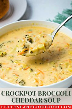 a spoon full of broccoli cheddar soup with the title above it