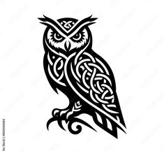 an owl with celtic patterns on it's body is shown in black and white