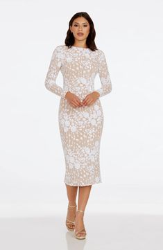 This Emery Dress features a bodycon silhouette, long sleeves, a round neckline, and a low back. It is designed to provide a sleek and flattering fit for any occasion, making it a versatile addition to your wardrobe. Long Sleeve White Dress, Leather Outerwear, White Long Sleeve Dress, Cardigan Sweater Dress, Dress The Population, Sweaters And Leggings, Jewel Neck, Hair Journey, Womens Loungewear