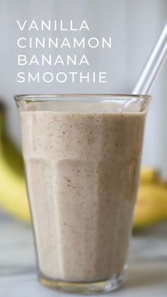 a banana smoothie in a glass with a straw on the side and text overlay