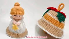 two small crocheted items are sitting next to each other