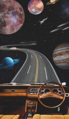 a car driving down a road with planets on the wall behind it and a steering wheel in the foreground