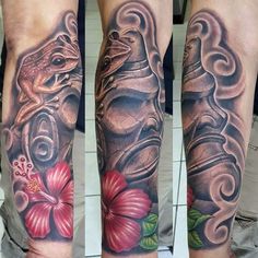 tattoos on the legs and arms of men with flowers, leaves and a frog in a helmet