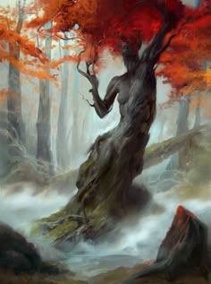 a painting of a tree in the middle of a forest with red leaves on it