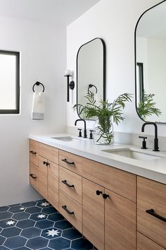 a bathroom with two sinks, mirrors and plants in vases on the counter top