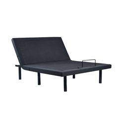 an adjustable bed frame with black leather upholstered and metal legs, viewed from the side