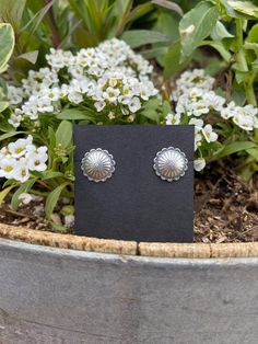 Stud silver earrings that has a silver post back. 1/2" PATINA TRAILS MERC. Classic Silver Nickel-free Plug Earrings, Classic Nickel-free Silver Plug Earrings, Silver Concho Earrings As A Gift, Silver Concho Earrings For Gift, Decorative Silver Earrings As Gift, Classic Silver Hypoallergenic Plug Earrings, Elegant Concho Earrings For Gift, Elegant Silver Concho Earrings, Silver Concho Jewelry For Gift